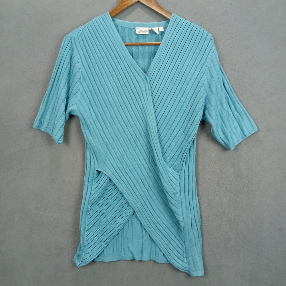 Newport News Sweater‎ Womens Large Blue Rayon Cable Knit Short Sleeve V Neck